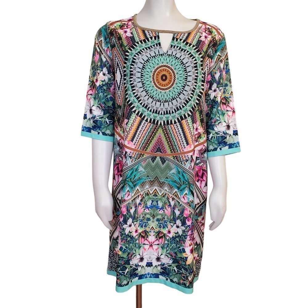 Claudia C Italy Dress Lightweight Sheath Size 42/10‎ Stunning Print gold Sparkle